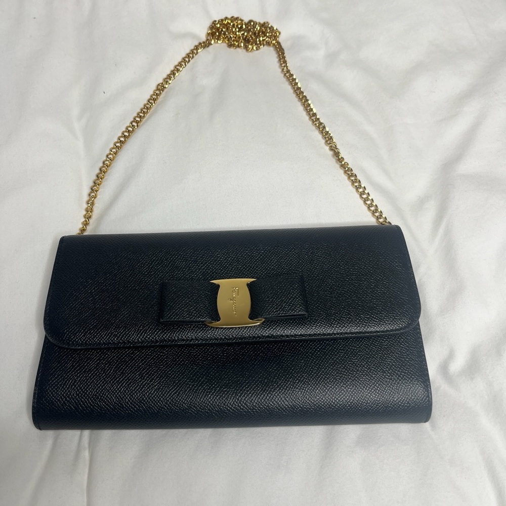 Salvatore Ferragamo Black Leather Clutch with Gold Chain